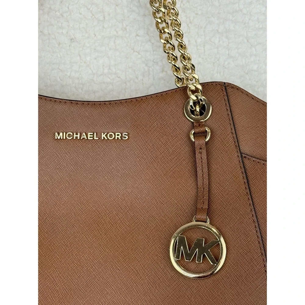Michael Kors Jet Set East West Tote Brown Saffiano Leather Gold Chain Bag - Picture 4 of 12